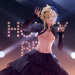 1boy 23333hhh abs bare_chest blonde_hair blue_eyes braid canon_crossdressing chest_exposed cloud_strife crossdressing dress femboy final_fantasy final_fantasy_vii looking_at_viewer male male_only navel nipples pecs solo stomach_exposed thunder_head toned trap rating:Safe score:85 user:R-998