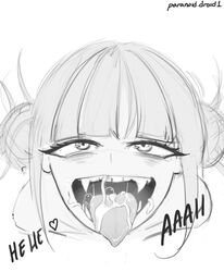 1girls after_fellatio after_sex blush cum cum_in_mouth cum_inside cum_on_tongue cumshot drooling eye_contact fangs himiko_toga huge_cock looking_at_viewer monochrome my_hero_academia nude paranoiddroid pov pubes pubic_hair stray_pubic_hair tongue_out yandere rating:Explicit score:401 user:MegaMoo