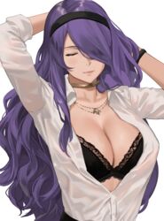 1girls blouse bra breasts camilla_(fire_emblem) cleavage eyelashes eyeliner female female_focus female_only fire_emblem fire_emblem_fates hi_res j@ck lipstick long_hair makeup necklace nintendo office_lady shirt very_long_hair rating:Explicit score:177 user:Darblue3