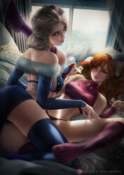 2girls anna_(frozen) axsens back bed bedroom blue_eyes bra clothed clothing disney dress_shirt elsa_(frozen) feet female_only frozen_(film) ginger_hair hourglass_figure human laying_down laying_on_bed legs legs_apart lesbian looking_at_viewer medium_breasts open_legs panties princess siblings sisters skirt stockings underwear white_hair yuri rating:Questionable score:228 user:Hentai_Bro69