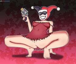 1girls batman:_the_animated_series batman_(series) crouching dc dc_comics dcau dress dress_lift facepaint functionally_nude gun harley_quinn harley_quinn_(classic) headwear hi_res lipstick minidress night_gown nightie red_dress revolver smile solo spotty_arts transparent_clothing uncensored rating:Explicit score:45 user:Spotty_Arts