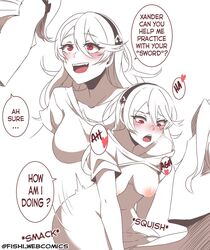 blush breasts breasts_out corrin_(fire_emblem) corrin_(fire_emblem)_(female) cuddlephish0 dialogue english_text female fire_emblem fire_emblem_fates fishi_webcomics medium_breasts nintendo nipples partially_clothed red_eyes riding sex shirt_lift text xander xander_(fire_emblem) rating:Explicit score:113 user:UnrealityEdits