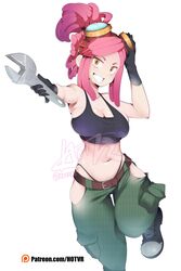 1girls belt black_panties cargo_pants cleavage dreadlocks female female_only gloves goggles goggles_on_head grin happy high_resolution highleg_panties holding_wrench hotvr mechanic mei_hatsume midriff my_hero_academia patreon_username pink_eyebrows pink_hair smile solo symbol-shaped_pupils tank_top url watermark white_background wide_hips wrench yellow_eyes rating:Questionable score:344 user:TwinkieLord