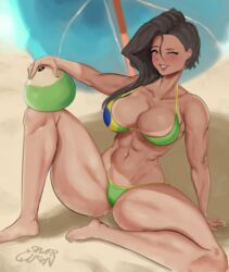 abs beach bikini cleavage dark-skinned_female female laura_matsuda silver_queen smiling solo street_fighter winking rating:Questionable score:115 user:Freezer88