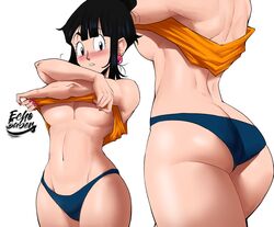 1girls ass big_ass big_breasts black_hair blush breasts chichi curvy_figure dragon_ball dragon_ball_z earrings echosaber eye_contact female looking_at_viewer panties shirt_lift shounen_jump standing thick_thighs thighs underboob undressing white_background rating:Questionable score:525 user:Ugabuga