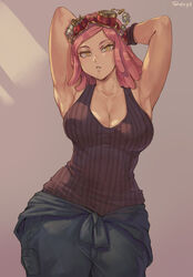 1girls abs armpits big_breasts cleavage cutesexyrobutts_(style) female female_focus female_only half-closed_eyes highres large_breasts looking_at_viewer mei_hatsume muscles muscular muscular_female my_hero_academia pink_hair shexyo short_hair tagme tank_top target-shaped_pupils yellow_eyes rating:Explicit score:374 user:DBKX