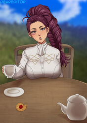 1girls braid braided_ponytail brown_eyes casual chair cup deareditor facial_mark fire_emblem fire_emblem:_three_houses fully_clothed garreg_mach_monastery_uniform large_breasts long_hair looking_at_viewer nintendo petra_macneary ponytail purple_hair solo table tea_time teacup teatime rating:Questionable score:32 user:kris923