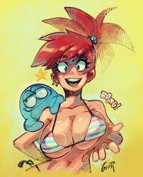 1girls big_breasts bikini bikini_top blue_eyes breasts cartoon_network cleavage ear_piercing eyelashes female female_focus foster's_home_for_imaginary_friends frankie_foster gerph hand_on_breast huge_breasts human light-skinned_female light_skin looking_at_viewer male mouth_open navel open_mouth open_smile pierced_ears red_hair smile smiling smiling_at_viewer solo_female solo_focus swimsuit teeth teeth_showing text thong tied_hair underboob watermark white_bikini_top yellow_background rating:Questionable score:412 user:stay