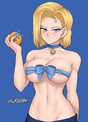 1girls android android_18 areolae big_breasts blonde_hair blue_eyes blush breasts dragon_ball dragon_ball_(object) dragon_ball_z earrings eye_contact female flytrapxx large_breasts looking_at_viewer partially_nude short_hair smile solo standing topless rating:Questionable score:175 user:Ugabuga