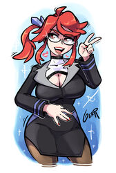 big_breasts breasts cleavage elite_four eyebrows_visible_through_hair female female_only gerph glasses hair_tie happy lorelei_(pokemon) lorelei_(pokemon_lgpe) nail_polish nintendo open_mouth painted_nails pink_lips pokemon pokemon_lgpe pokemon_rgby red_eyes red_fingernails red_hair red_nail_polish red_nails smile solo tagme thick_thighs thighs v wide_hips rating:Explicit score:128 user:JuanchiB