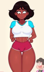 1girls athletic_shorts big_breasts bismuth_casual_(steven_universe_future) cameltoe cartoon_network clothing connie_maheswaran dark-skinned_female dark_skin dolphin_shorts drunkavocado indian large_breasts male red_shorts short_hair shorts solo_focus sportswear steven_quartz_universe steven_universe steven_universe_future straight_hair rating:Explicit score:422 user:justausername