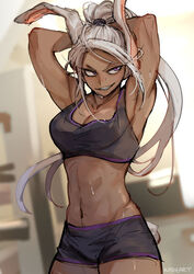 1girls abs animal_ears brown_hair bunny_ears bunny_girl dark-skinned_female dark_skin evil_smile eyelashes female female_only gym gym_uniform kadeart long_hair miruko my_hero_academia naughty_face red_eyes rumi_usagiyama solo sweat tying_hair white_hair rating:Safe score:285 user:loveslutgirls