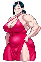 1girls belly big_breasts black_hair cleavage_cutout dress earrings elegant elegant_dress female female_only highres light_blush looking_at_viewer muscles muscular muscular_female olga_(plus-sized_elf) oni oni_horns plus-sized_elf pointy_ears red_eyes slit_pupils solo solo_female strongfat synecdoche tied_hair venus_body white_background rating:Questionable score:213 user:!nner$elf89