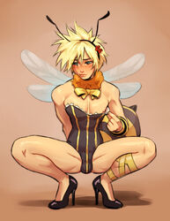 1boy ambush_(trap) antennae arthropod_abdomen bee bee_boy bee_costume blonde_hair blue_eyes blush bulge clothing_pull cloud_strife crossdressing embarrassed femboy final_fantasy final_fantasy_vii girly heels high_heels highres honeybee_inn_uniform looking_away male male_only neck_tuft nipples ribbon ripushko simple_background solo solo_male square_enix squatting trap wings rating:Questionable score:312 user:!nner$elf89