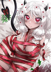 1girls breasts christmas christmas_present female female_only functionally_nude gift gift_wrapped haraya heart-shaped_pupils heart_eyes helltaker horns large_breasts medium_hair mistletoe modeus_(helltaker) straight_hair tail thick_thighs white_hair wrappings rating:Questionable score:190 user:TwatEXE