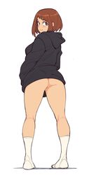 1girls ass back_view blush boku_no_hero_academia bottomless brown_eyes brown_hair cute female female_only hoodie innie_pussy looking_at_viewer looking_back my_hero_academia naked_hoodie no_panties ochako_uraraka pussy short_hair sidelocks smile socks solo suoiresnu uncensored white_background rating:Explicit score:1026 user:justausername