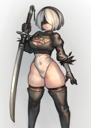 android blindfold breasts cleavage cleavage_cutout gloves hairband kelvin_hiu large_breasts leotard lipstick mole mole_under_mouth navel nier nier:_automata open_mouth opera_gloves short_hair sword thick_thighs thighhighs thighs weapon white_hair yorha_2b rating:Explicit score:133 user:Disastermaster55