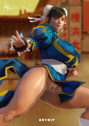 artnip black_hair bottomless casual_exposure chun-li clitoris looking_at_viewer pubic_hair pussy street_fighter vagina rating:Explicit score:119 user:acds