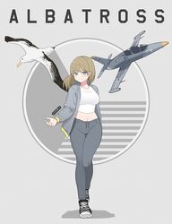  aero_l-39_albatros aircraft airplane albatross artist_name atamonica bird blonde_hair emblem female grey_eyes jacket jet looking_at_viewer midriff_peek original pants personification simple_background smile standing vehicle_and_personification  rating:questionable score: user:bot