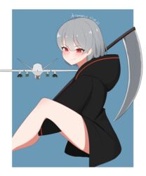  artist_name atamonica blush border dated drone female grey_hair highres hood hoodie looking_at_viewer military mq-9_reaper original personification red_eyes scythe short_hair smile white_border  rating:safe score: user:bot