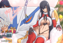 2girls abs alternate_costume artist_name bakuzan bangs big_breasts black_gloves black_hair black_panties blue_eyes box breasts cameo character_doll christmas christmas_tree commentary couch crop_top crossover detached_sleeves dragon_ball dragon_ball_super english_commentary eyelashes female female_focus female_only frown fur-trimmed_sleeves fur_trim gift gift_box gloves goku hair_ornament hair_over_shoulder hairclip highleg highleg_panties jitome junketsu kameseru kamui_(kill_la_kill) katana kill_la_kill kiryuuin_satsuki large_breasts long_hair looking_at_viewer mastered_ultra_instinct matoi_ryuuko merry_christmas multicolored_hair multiple_girls navel on_couch panties peeking_out planted planted_sword red_hair red_legwear red_sleeves revealing_clothes ribbon santa_costume scabbard sheathed short_hair sitting solo_focus son_goku sword tagme thick_eyebrows thick_thighs thighhighs thighs thong ultra_instinct underboob underwear weapon rating:Questionable score:178 user:DBKX