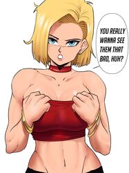 1girls android android_18 annoyed big_breasts blonde_hair blue_eyes breasts choker cleavage dialogue dragon_ball dragon_ball_z earrings echosaber eye_contact female large_breasts looking_at_viewer midriff short_hair shounen_jump speech_bubble sweat text tubetop rating:Questionable score:464 user:Ugabuga