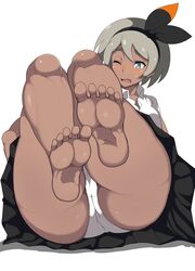 1girls ass bea_(pokemon) big_ass blush feet female grey_eyes grey_hair gym_leader nintendo one_eye_closed oryuto panties pokemon pokemon_ss school_uniform short_hair skirt solo sweat thick_thighs thighs upskirt white_background white_panties rating:Questionable score:142 user:Ugabuga