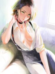 1girls arata_yokoyama blouse breasts choker cleavage collared_blouse collared_shirt color earrings eyeliner female female_only green_eyes hi_res lipstick makeup medium_breasts nababa painting_(artwork) shirt short_hair suspenders rating:Questionable score:183 user:bot