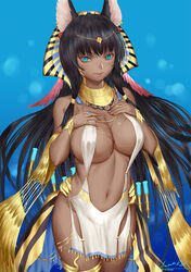 1girls animal_ears anubis black_hair blue_eyes breasts dark-skinned_female dark_skin ears egyptian egyptian_clothes egyptian_mythology female female_only god goddess gold rating:Explicit score:95 user:SandsGoddess