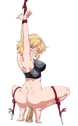 ass barefoot blonde_hair blush bondage breasts censored clenched_teeth closed_eyes dildo dildo_riding eyebrows_visible_through_hair female from_behind full_body highres large_breasts mizuhashi_parsee mosaic_censoring nose_blush ootsuki_wataru pointy_ears pokies restrained rope sex_toy short_hair simple_background solo squatting sweat teeth touhou white_background rating:Explicit score:102 user:bot