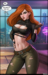 1girls alternate_breast_size aroma_sensei belly belly_button belt big_breasts black_nail_polish blush bra_peek breasts cleavage cleavage_cutout curvy dialogue disney disney_channel ear_piercing english english_text female female_only fingerless_gloves gloves green_eyes hand_on_hip hourglass_figure kim_possible kimberly_ann_possible large_breasts long_hair midriff nail_polish navel navel_piercing pants posing red_hair redhead ripped_pants stomach text voluptuous wide_hips rating:Questionable score:429 user:ShadowPain