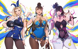 3girls alternate_costume animal_ears bare_shoulders black_leotard bow breasts brown_pantyhose cammy_white chun-li citemer cleavage covered_navel detached_collar fake_animal_ears female female_only highleg highleg_leotard highres human juri_han large_breasts leotard long_hair looking_at_viewer multiple_girls pantyhose playboy_bunny rabbit_ears smile strapless strapless_leotard street_fighter street_fighter_6 wrist_cuffs rating:Explicit score:94 user:meriko