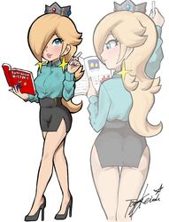 1girls 2d 2d_(artwork) ass_cleavage black_heels blonde_hair blue_eyes blush blushing_at_viewer chalk crown female_focus female_only hair_over_one_eye high_heels looking_at_viewer mario_(series) miniskirt nintendo office_lady painted_nails pencil_skirt princess_rosalina purple_nails slit_skirt star_earrings super_mario_galaxy teacher tucked_shirt very_long_hair yamino_ekakinin rating:Questionable score:64 user:Toalbooth_