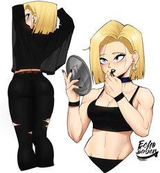 1girls abs android_18 applying_makeup ass belt black_bra black_choker black_lipstick black_nails black_panties black_pants blonde_hair blouse blue_eyes blush bob_cut bra breasts choker cleavage collarbone crop_top denim dragon_ball dragon_ball_z earrings echosaber female female_only fully_clothed goth gothic hoop_earrings jewelry lipstick long_sleeves looking_at_viewer makeup medium_breasts metalhead mirror multiple_views muscular muscular_female nail_polish navel nose_blush panties pants ring shirt short_hair smile solo stomach tight tight_pants toned torn_clothes torn_legwear torn_pants underwear upper_body wedding_ring white_background wristband rating:Safe score:399 user:Ugabuga