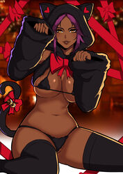 1girls absurd_res alecto_0 animal_ears animal_hood bell bikini black_bikini black_legwear black_swimsuit black_tail bleach blush bow breasts cat_hood cat_tail christmas dark-skinned_female dark_skin eyebrows fake_tail female fireplace fur_bikini hi_res hood jingle_bell looking_at_viewer medium_breasts micro_bikini nekomimi paw_pose purple_hair red_bow shihouin_yoruichi smile swimsuit tail yellow_eyes rating:Questionable score:147 user:WatchTheLanguage