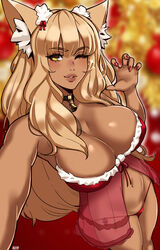 1girls absurd_res alecto_0 bell_collar breasts brown_eyes brown_hair cat_ears choker christmas cleavage dark-skinned_female fate/grand_order fate_(series) female female_only hair_ornament hi_res large_breasts lingerie lips looking_at_viewer midriff nail_polish nails one_eye_closed panties smile solo suzuka_gozen_(fate) suzuka_gozen_(santa)_(fate) rating:Questionable score:148 user:WatchTheLanguage