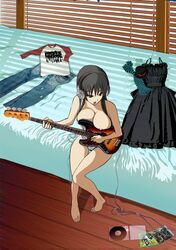 akg barefoot bass_guitar bed big_breasts black_hair breast_press breasts casual casual_nudity casual_topless cd clothes clothes_on_bed don't_say_lazy electric_guitar erect_nipples female female_only guitar hair headphones highres human human_only instrument k-on! kamitsuki_manmaru large_breasts long_hair mio_akiyama_(k-on!) musical_instrument nipple nipples nonsexual_nudity pale_skin panties playing_instrument pussy raglan_sleeves sitting solo striped striped_panties topless underwear wholesome rating:Questionable score:36 user:bot