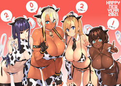 2021 4girls abs absurd_res animal_ears armband bare_shoulders belt bikini black_hairband blonde_hair blue_eyes blush breasts brown-haired_girl_(sela_god) brown_hair chocolate_and_vanilla choker cleavage clothing cow_bikini cow_ears cow_girl cow_horns cow_print cow_tail cowbell dark-skinned_female dark_skin elbow_gloves embarrassed english_text eyebrows_visible_through_hair eyes_visible_through_hair fake_animal_ears fake_horns fake_tail female female_only fingerless_gloves flat-chested_girl_(sela_god) garter_belt gloves gradient_background green_eyes grin hairband hand_on_leg highres hime_cut horns huge_breasts japanese_text large_breasts leaning_forward long_hair looking_at_viewer medium_breasts midriff muscular_female navel neckerchief necktie new_year ok_sign open_mouth original platinum_blonde_hair pointing pointing_at_viewer purple_hair red_eyes sela_(sela_god) sela_god short_hair smile speech_bubble standing star sweat swimsuit tail teeth text thick_thighs thighhighs thighs tongue ursula_(sela_god) v wedding_ring wife_and_wife year_of_the_ox rating:Questionable score:230 user:Blookryynnn