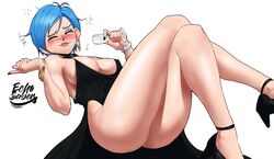 1girls ass big_breasts black_dress blue_eyes breasts bulma_briefs cleavage cocktail_dress crossed_legs dragon_ball dragon_ball_super dress drunk echosaber eyes_closed female female_only high_heels milf nail_polish pouring pouring_on_self shounen_jump simple_background thick_thighs white_background wine_glass rating:Explicit score:628 user:Dragonballgt9999