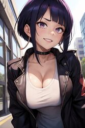 1girls ai_generated big_breasts boku_no_hero_academia boob_window jinzo1993 kyoka_jiro my_hero_academia purple_eyes purple_hair short_hair rating:Explicit score:91 user:goddamm2255