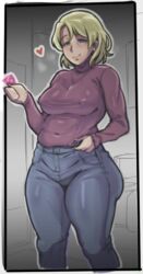  blonde_hair blue_eyes colored earrings eye_contact fat_ass holding_condom jeans large_breasts looking_at_viewer manilla milf necklace no_bra red_sweater smiling smiling_at_viewer steamy_breath thick_thighs voluptuous_female  rating:questionable score: user:germfood