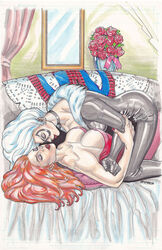 2girls bflores bienflores black_cat_(marvel) bodysuit clothed couch felicia_hardy female female_only human human_only lesbian lesbian_kiss lesbian_sex lesbians lying_on_back marvel marvel_comics mary_jane_watson nipple_slip spider-man_(series) woman_on_top yuri rating:Questionable score:9 user:RefinedSwine