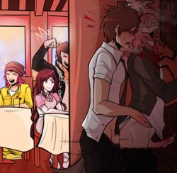 background background_characters beanie behind_wall bigsyo black_pants blue_hair brown_hair closed_eyes clothed clothed_sex covering_another's_mouth covering_mouth cumming_inside danganronpa danganronpa_2:_goodbye_despair diner gag gagged gay gay_sex green_coat green_tie hajime_hinata hand_gagged hand_on_mouth hand_over_another's_mouth hand_over_mouth handgag hiding hinata_hajime jumpsuit kazuichi_souda mikan_tsumiki nagito_komaeda nekomaru_nidai nidai_nekomaru pink_hair precum public public_sex purple_eyes purple_hair restaurant secret standing standing_sex tan_skin tie tsumiki_mikan white_hair white_shirt white_skin windows yellow_jumpsuit rating:Explicit score:96 user:Bigsyo82