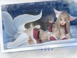 ahri animal_ears christmas_outfit huge_breasts league_of_legends looking_at_viewer miniskirt rain_wzq santa_costume snow stockings thighhighs thighs white_stockings white_tail window rating:Questionable score:93 user:Ahria