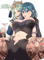 3girls big_breasts blue_eyes byleth_(fire_emblem) byleth_(fire_emblem)_(female) crotch_focus cuddlephish0 edelgard_von_hresvelg english_text fire_emblem fire_emblem:_three_houses fishi_webcomics green_eyes green_hair leggings nintendo pantyhose rhea_(fire_emblem) shorts spread_legs teal_hair text thick_thighs white_hair yuri rating:Explicit score:206 user:reflet1