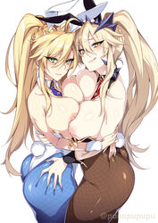 2girls :p areolae artoria_pendragon artoria_pendragon_(lancer) artoria_pendragon_(lancer_alter) artoria_pendragon_(swimsuit_ruler) ass blonde_hair blue_pantyhose blush boobs_bang breast_press breast_to_breast breasts breasts_out bunny_ears bunny_tail bunnysuit detached_collar fate/grand_order fate_(series) fishnet_pantyhose green_eyes highres hugging licking_lips long_hair looking_at_viewer neckband necktie nipples pantyhose ponytail punopupupu selfcest side_view smiling thick_thighs white_background wrist_cuffs yellow_eyes zeroshiki_kouichi rating:Explicit score:517 user:!nner$elf89