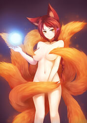 ahri animal_ears braid breasts choker convenient_censoring covering covering_breasts covering_crotch facial_mark female fox_ears fox_tail foxfire_ahri heart highres infernal_series kerasu large_breasts league_of_legends long_hair looking_at_viewer multi_tail multiple_tails navel nude red_hair ricegnat smile solo tail yellow_eyes rating:Questionable score:149 user:BlackRockShooter