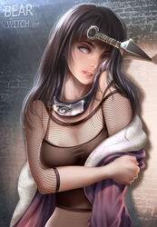 against_wall arm_under_breasts bare_shoulders bearwitch big_breasts blunt_bangs breasts cleavage clothing fishnet_shirt fishnets hoodie hyuuga_hinata jacket kunai long_hair looking_at_viewer midriff naruto naruto_(series) naruto_shippuden undressing upper_body violet_eyes wall rating:Questionable score:193 user:UnrealHarbor