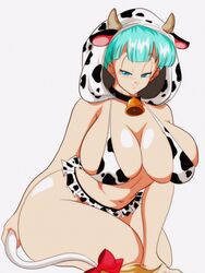 1girls bikini blue_hair breasts bulma_briefs cow_accoutrements cow_ears cow_hood cow_horns cow_print cow_print_skirt cow_tail cowbell dragon_ball huge_breasts microskirt moo_bitch nala1588 shounen_jump solo solo_female solo_focus tagme thick_thighs rating:Explicit score:88 user:db_gals