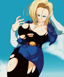 1girls android_18 breasts cleavage clothed dragon_ball dragon_ball_z female female_only huge_breasts nala1588 shounen_jump solo solo_female torn_clothes rating:Explicit score:138 user:Dragonballgt9999